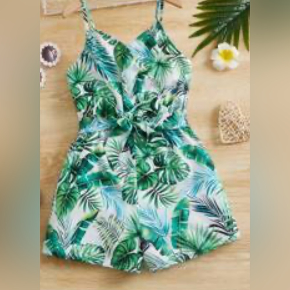 Tropical Leaf Print Kids Romper